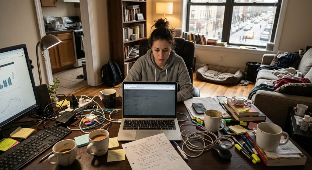 Uorganiseret arbejdsrum med stabel af papirer og afleder elementer der reducerer fokus