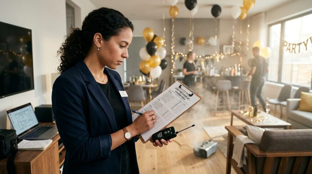 Professional event planning scene showing a person reviewing
