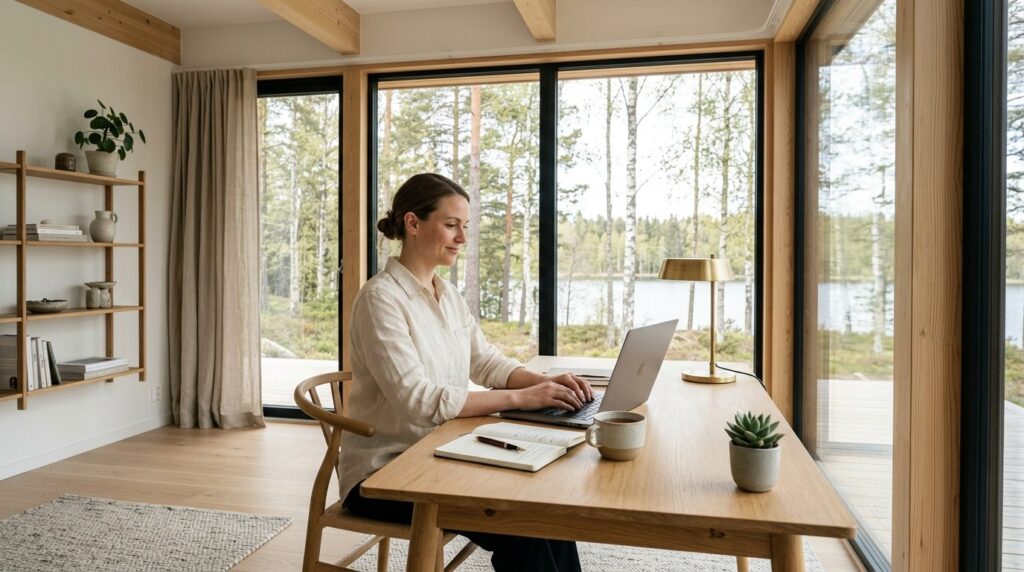 Peaceful, focused professional working at a desk in a bright
