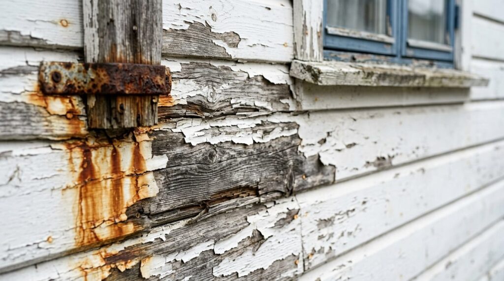 Close-up photorealistic image of weathered wooden house exte