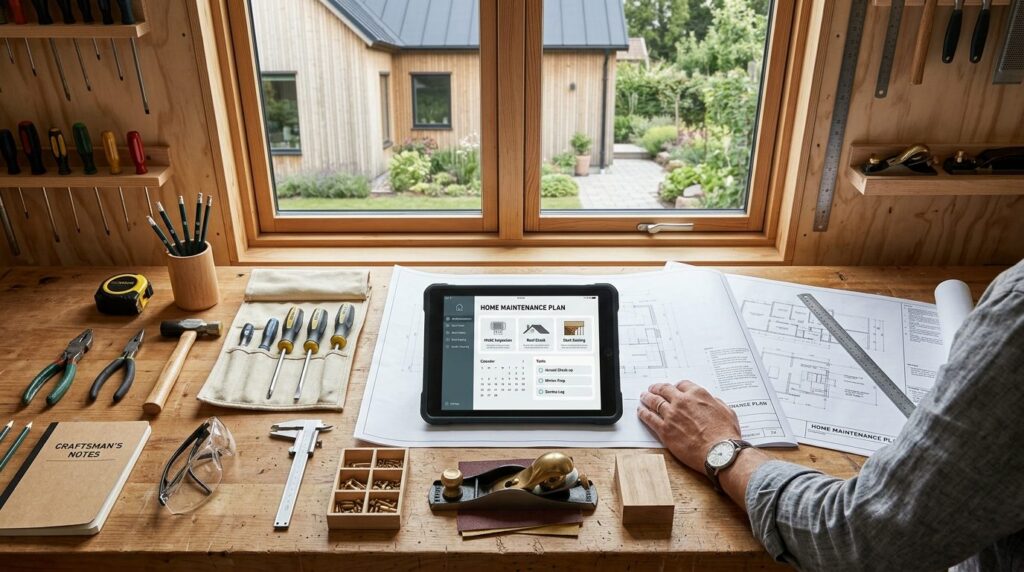 Photorealistic overhead shot of a focused craftsmans worksp