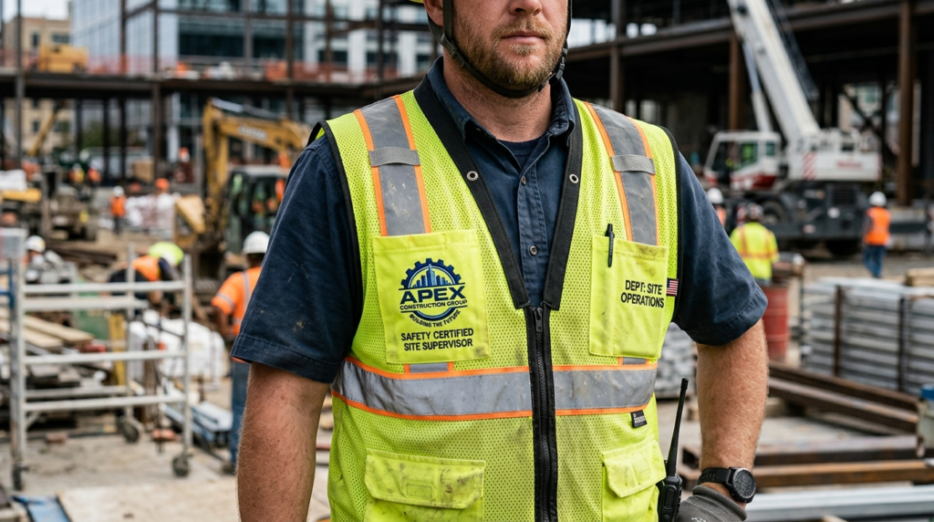 Close-up of a construction workers torso wearing a customiz