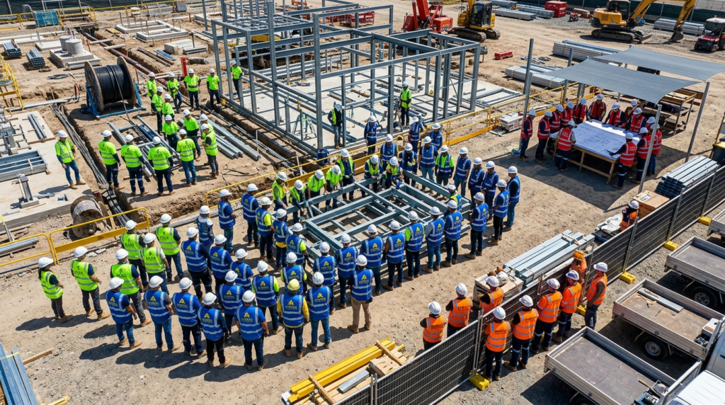 Wide overhead shot of a diverse workplace team distributed a