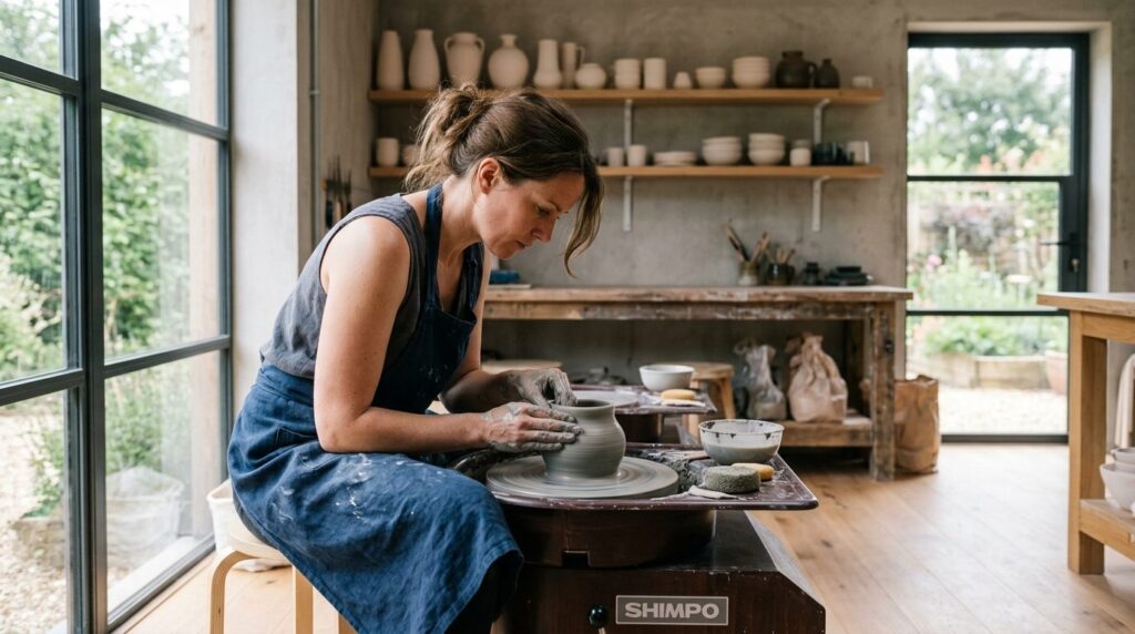 Wide studio shot of a potter in focused concentration at the