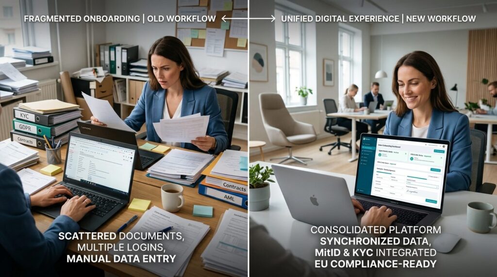 Split-screen concept photograph showing before-and-after wor