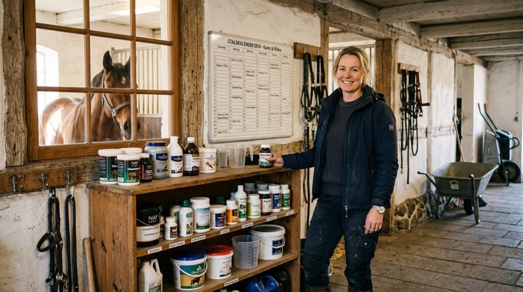 Photorealistic image of a Danish horse owner in stable cloth